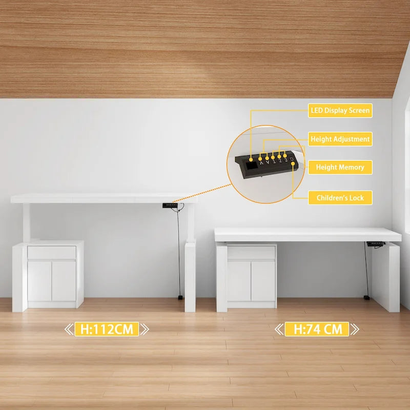 Bureau blanc réglable en hauteur électrique avec meuble de rangement latéral – Un seul utilisateur