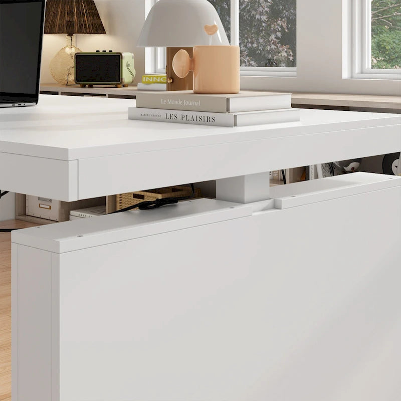 Bureau blanc réglable en hauteur électrique avec meuble de rangement latéral – Un seul utilisateur