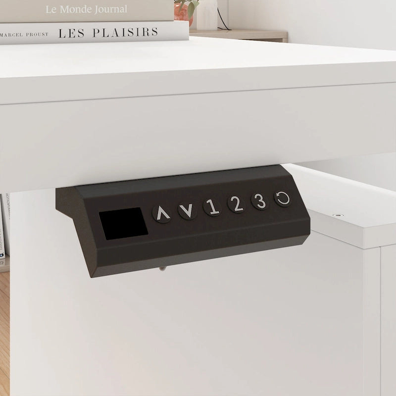 Bureau blanc réglable en hauteur électrique avec meuble de rangement latéral – Un seul utilisateur