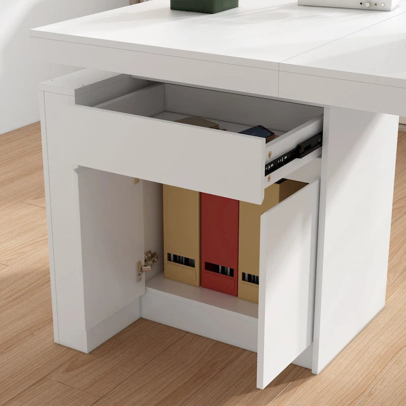 Bureau blanc réglable en hauteur électrique avec meuble de rangement latéral – Un seul utilisateur