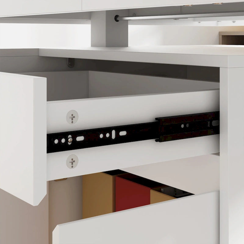 Bureau blanc réglable en hauteur électrique avec meuble de rangement latéral – Un seul utilisateur