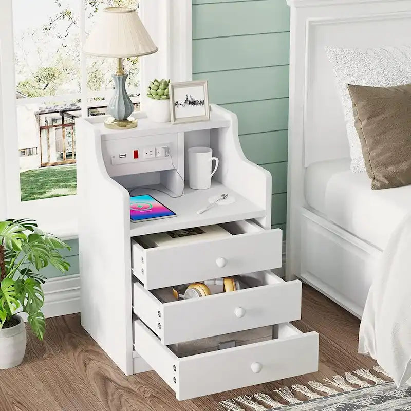3-Drawer Nightstand with Built-in Charging Station and Open Shelf – White / Pink / Grey / Black, for 1 Person