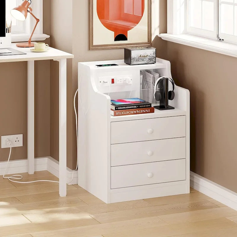 3-Drawer Nightstand with Built-in Charging Station and Open Shelf – White / Pink / Grey / Black, for 1 Person