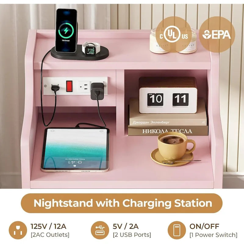 Table de chevet à 3 tiroirs avec station de charge intégrée et étagère ouverte – Blanc / Rose / Gris / Noir, pour 1 personne