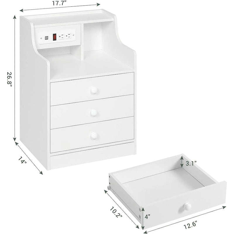 Table de chevet à 3 tiroirs avec station de charge intégrée et étagère ouverte – Blanc / Rose / Gris / Noir, pour 1 personne