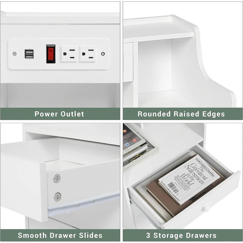 Table de chevet à 3 tiroirs avec station de charge intégrée et étagère ouverte – Blanc / Rose / Gris / Noir, pour 1 personne