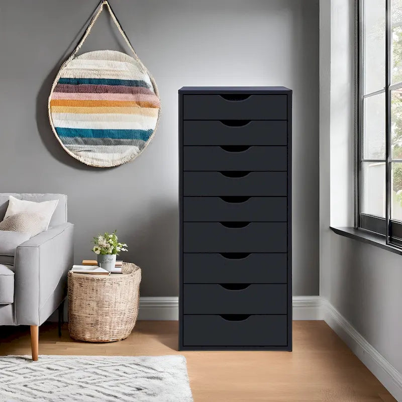 Commode en bois étroite noire/grise/blanche à 9 tiroirs avec étagère de rangement supérieure – Unité individuelle