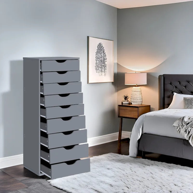 Commode en bois étroite noire/grise/blanche à 9 tiroirs avec étagère de rangement supérieure – Unité individuelle
