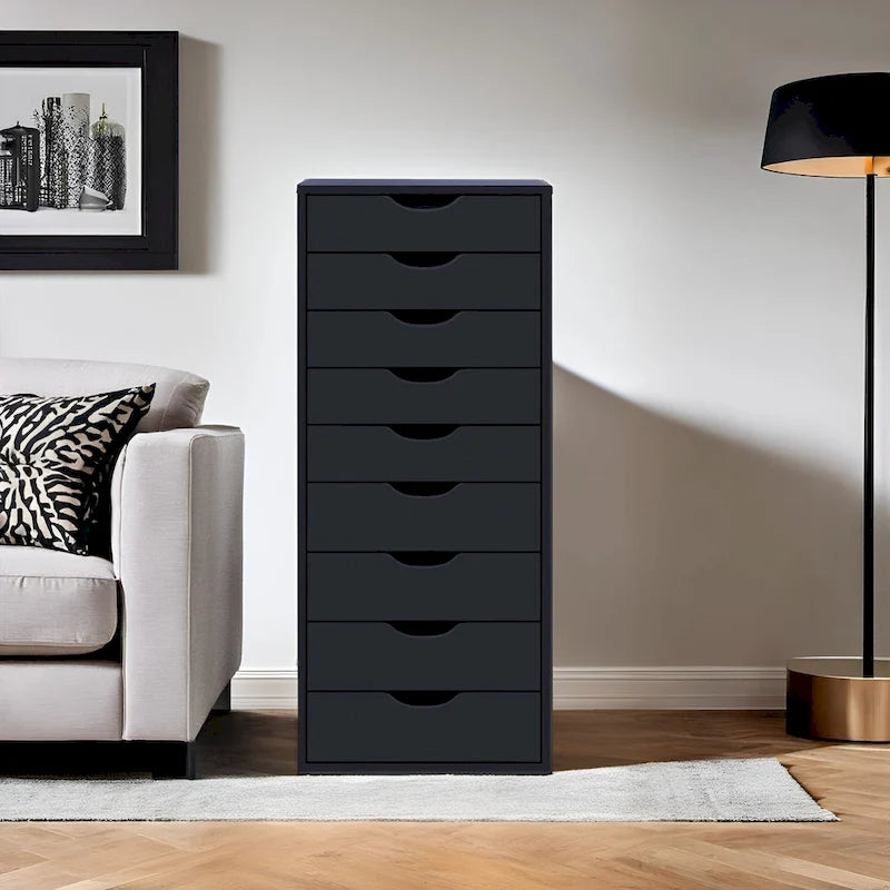 Commode en bois étroite noire/grise/blanche à 9 tiroirs avec étagère de rangement supérieure – Unité individuelle