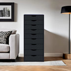 Commode en bois étroite noire/grise/blanche à 9 tiroirs avec étagère de rangement supérieure – Unité individuelle