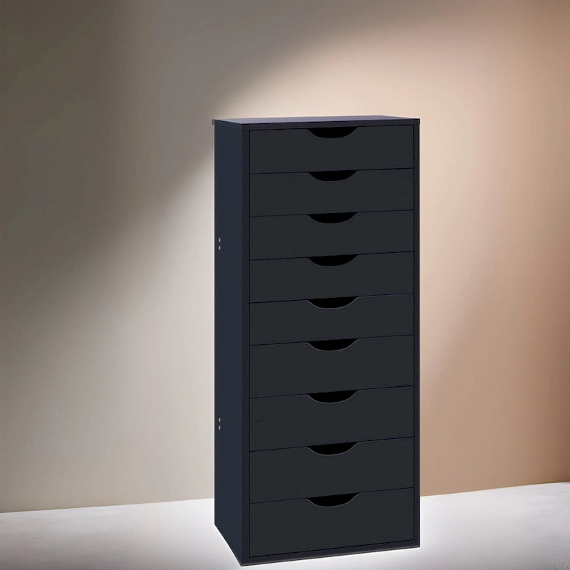 Commode en bois étroite noire/grise/blanche à 9 tiroirs avec étagère de rangement supérieure – Unité individuelle