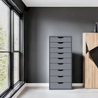 Commode en bois étroite noire/grise/blanche à 9 tiroirs avec étagère de rangement supérieure – Unité individuelle