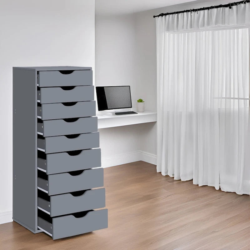 Commode en bois étroite noire/grise/blanche à 9 tiroirs avec étagère de rangement supérieure – Unité individuelle