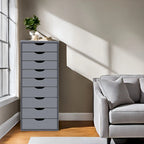 Commode en bois étroite noire/grise/blanche à 9 tiroirs avec étagère de rangement supérieure – Unité individuelle