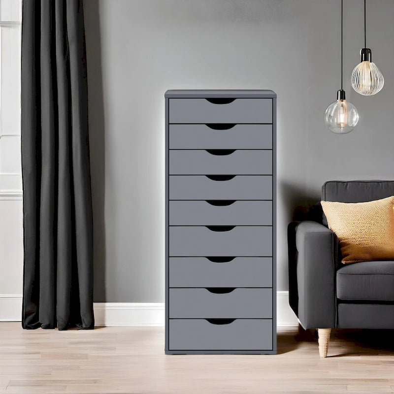 Commode en bois étroite noire/grise/blanche à 9 tiroirs avec étagère de rangement supérieure – Unité individuelle