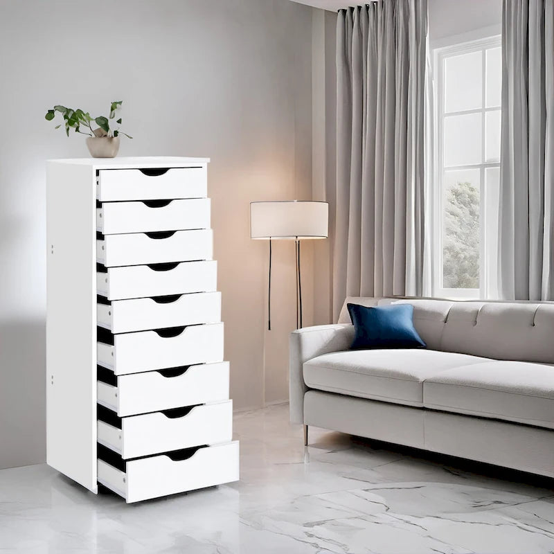 Commode en bois étroite noire/grise/blanche à 9 tiroirs avec étagère de rangement supérieure – Unité individuelle
