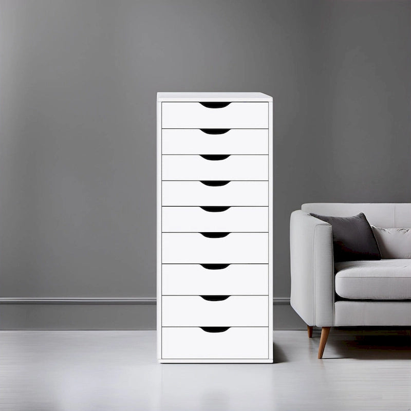 Commode en bois étroite noire/grise/blanche à 9 tiroirs avec étagère de rangement supérieure – Unité individuelle