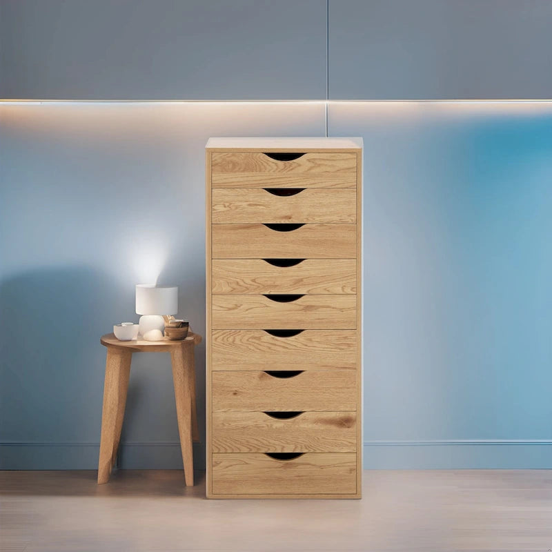 Commode en bois étroite noire/grise/blanche à 9 tiroirs avec étagère de rangement supérieure – Unité individuelle