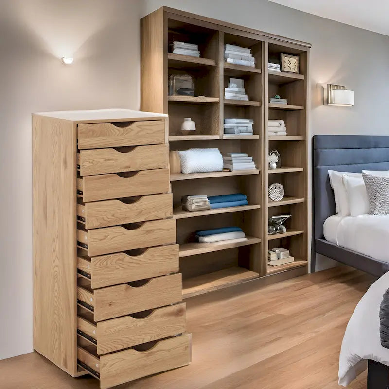 Commode en bois étroite noire/grise/blanche à 9 tiroirs avec étagère de rangement supérieure – Unité individuelle