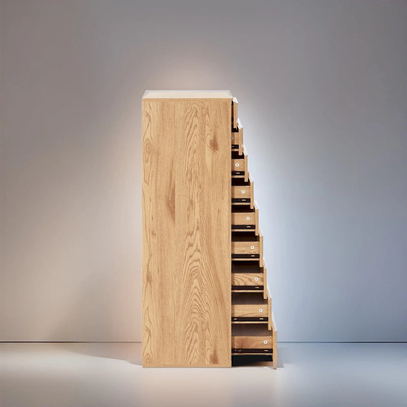 Commode en bois étroite noire/grise/blanche à 9 tiroirs avec étagère de rangement supérieure – Unité individuelle
