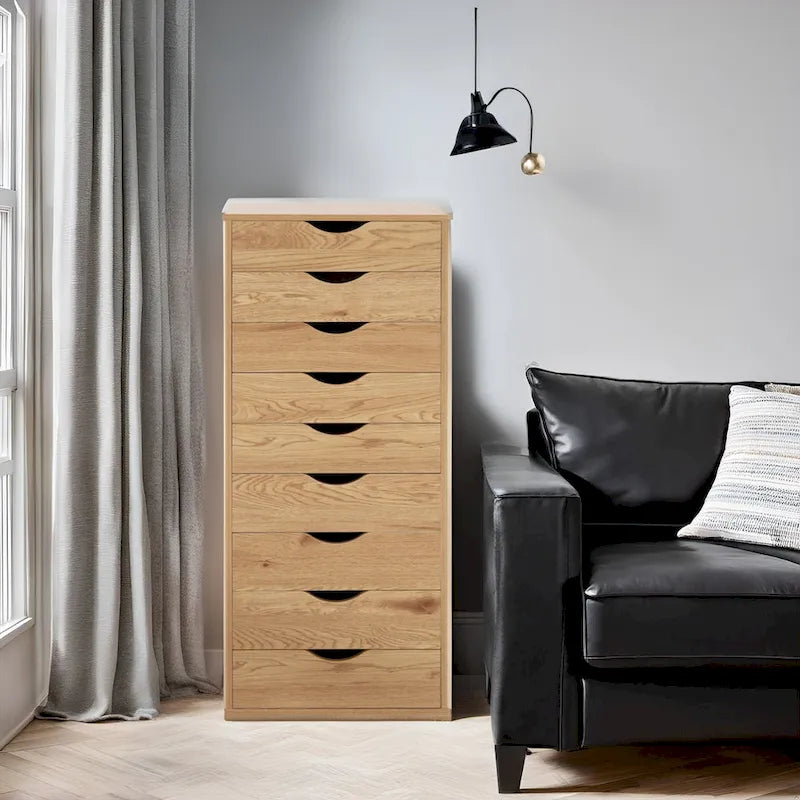 Commode en bois étroite noire/grise/blanche à 9 tiroirs avec étagère de rangement supérieure – Unité individuelle