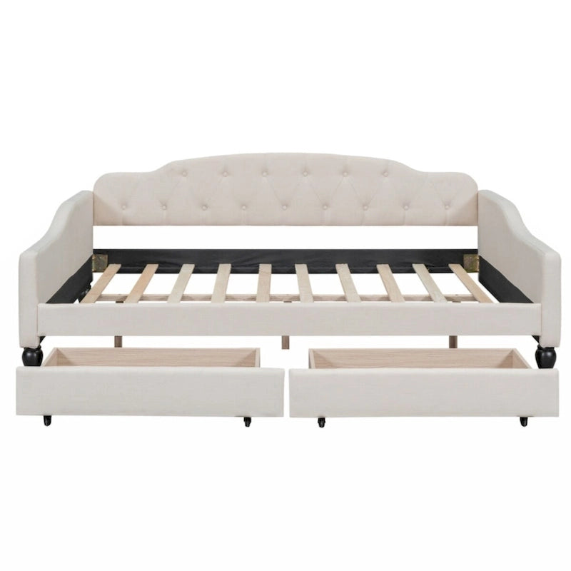 Full Size Upholstered Tufted Daybed with 2 Storage Drawers – Beige, for 1 Person