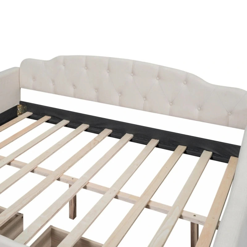 Full Size Upholstered Tufted Daybed with 2 Storage Drawers – Beige, for 1 Person