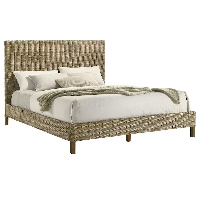 Gray Rattan-Woven Panel Platform Bed – King, 2-Person