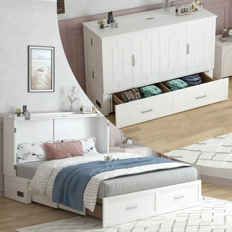 Dark Grey / White / Cherry Queen Murphy Bed Cabinet with Mattress, Storage Drawer and Charging Station – 2-Person