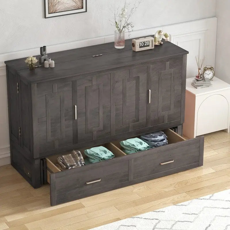 Dark Grey / White / Cherry Queen Murphy Bed Cabinet with Mattress, Storage Drawer and Charging Station – 2-Person