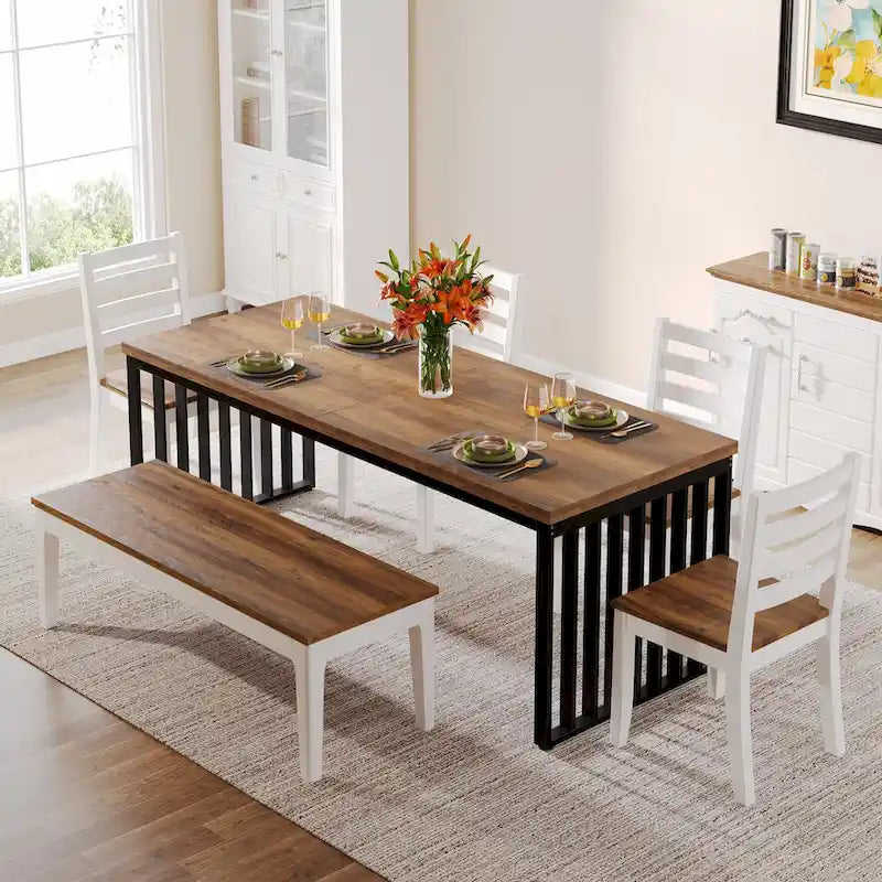 Rectangular Wood Dining Table with Adjustable Foot Pads – Oak / Black, for 6–8 People