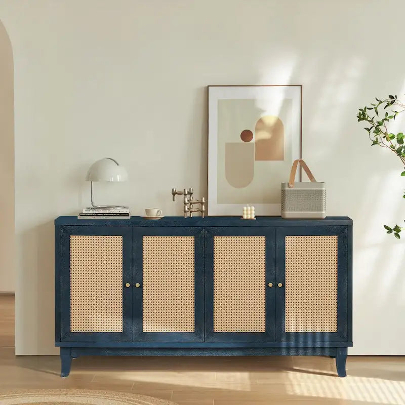 Rattan Panel Sideboard Buffet Cabinet with MDF Frame – Antique Navy Blue, for 1–4 Person Household