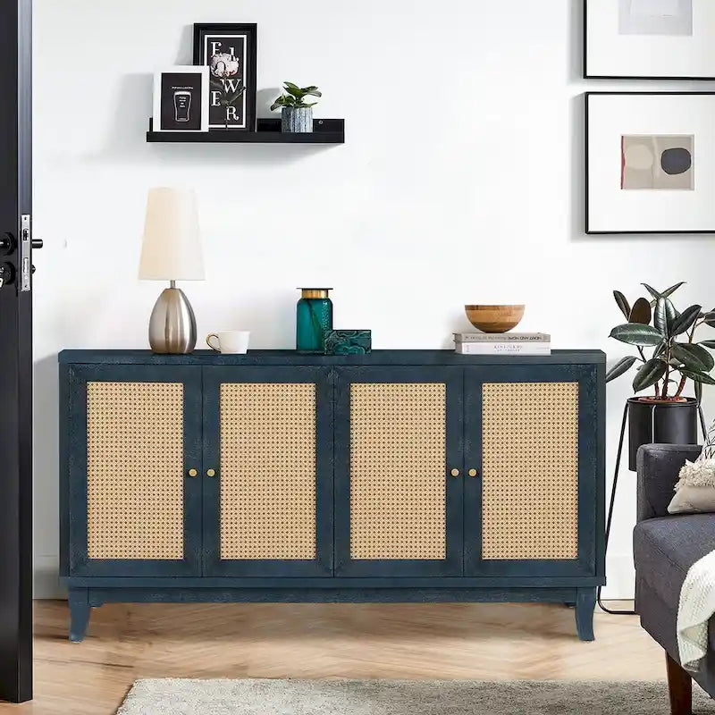 Rattan Panel Sideboard Buffet Cabinet with MDF Frame – Antique Navy Blue, for 1–4 Person Household
