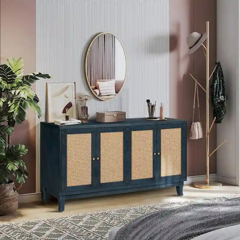 Rattan Panel Sideboard Buffet Cabinet with MDF Frame – Antique Navy Blue, for 1–4 Person Household