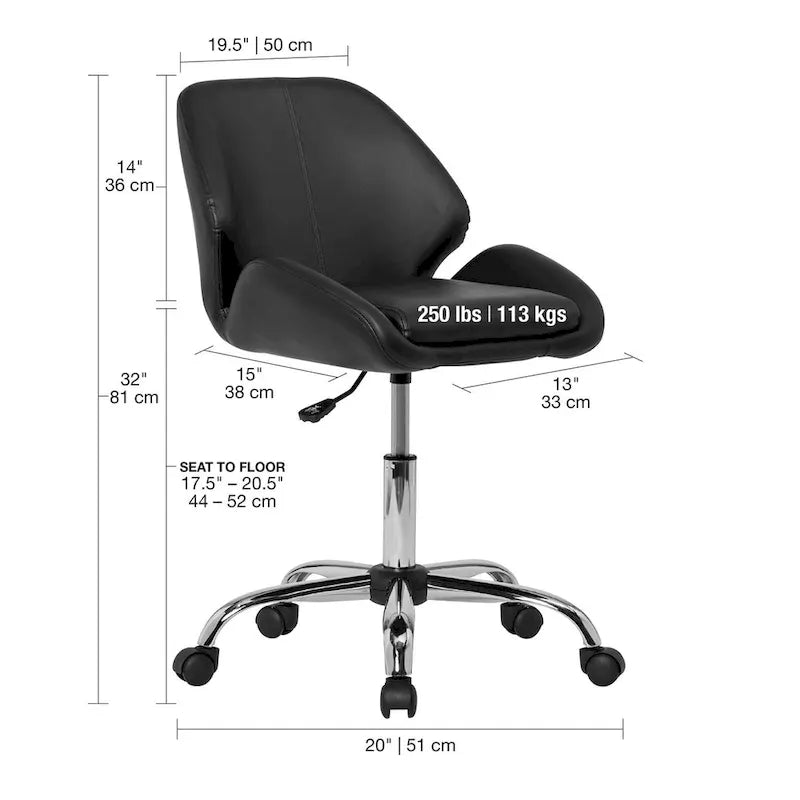 Chaise de bureau pivotante en similicuir réglable avec piètement chromé 5 branches et pivotement à 360° – Argent / Noir, pour 1 personne
