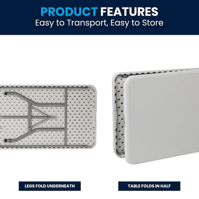 Table d'événement pliante en plastique blanc granit avec poignée de transport – Peut accueillir jusqu'à 10 personnes