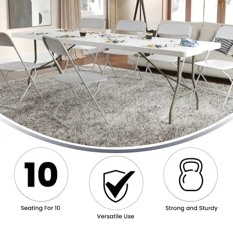 Table d'événement pliante en plastique blanc granit avec poignée de transport – Peut accueillir jusqu'à 10 personnes