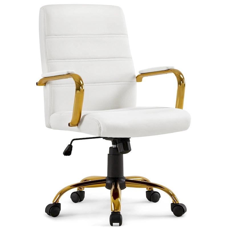 Chaise de bureau mi-hauteur en similicuir blanc avec structure chromée dorée et inclinaison verrouillable – Utilisateur unique