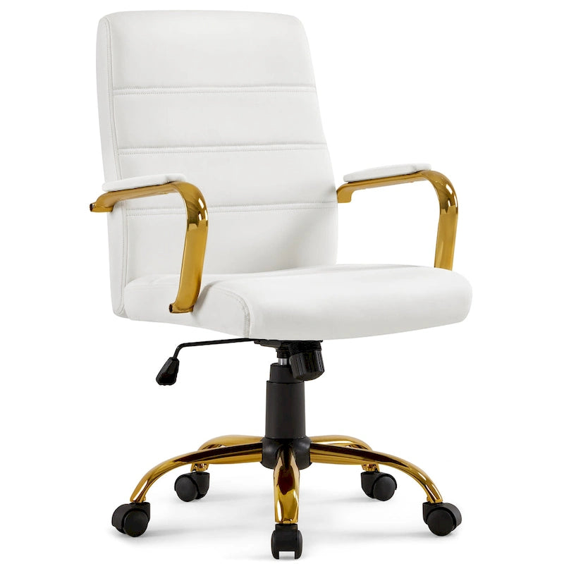 Chaise de bureau mi-hauteur en similicuir blanc avec structure chromée dorée et inclinaison verrouillable – Utilisateur unique