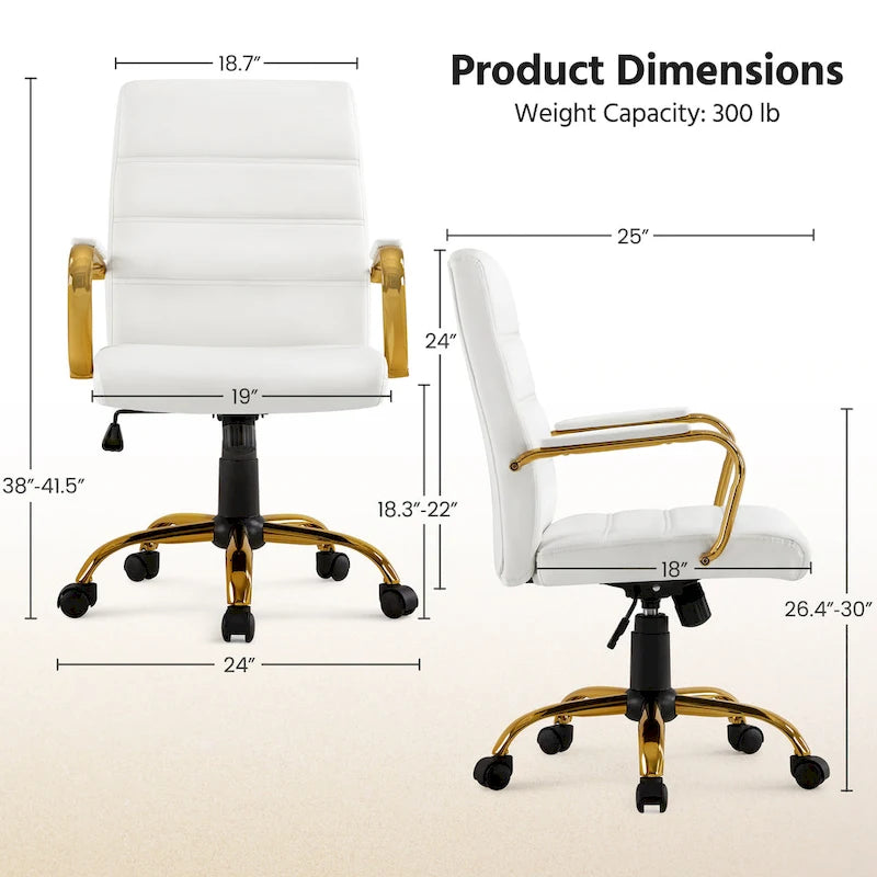 Chaise de bureau mi-hauteur en similicuir blanc avec structure chromée dorée et inclinaison verrouillable – Utilisateur unique