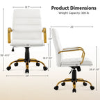 Chaise de bureau mi-hauteur en similicuir blanc avec structure chromée dorée et inclinaison verrouillable – Utilisateur unique