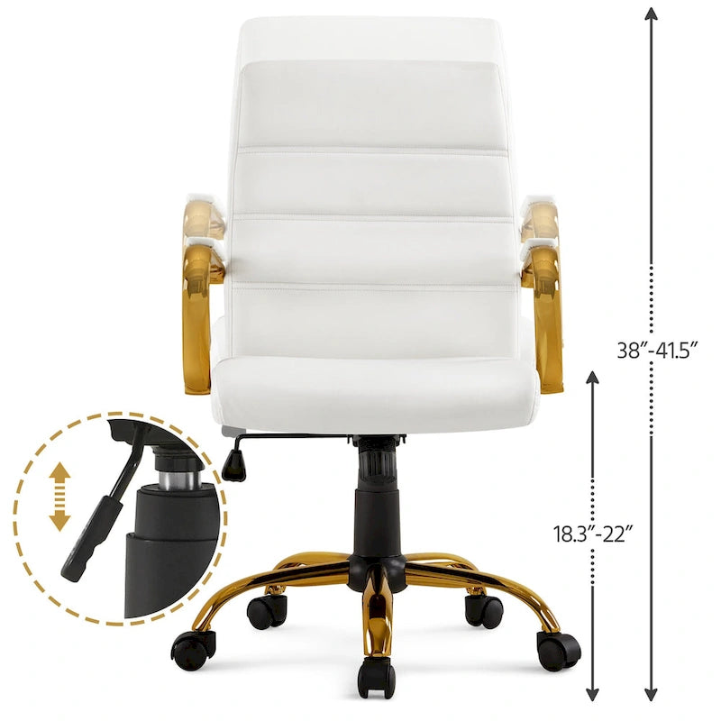 Chaise de bureau mi-hauteur en similicuir blanc avec structure chromée dorée et inclinaison verrouillable – Utilisateur unique
