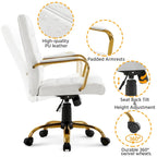 Chaise de bureau mi-hauteur en similicuir blanc avec structure chromée dorée et inclinaison verrouillable – Utilisateur unique