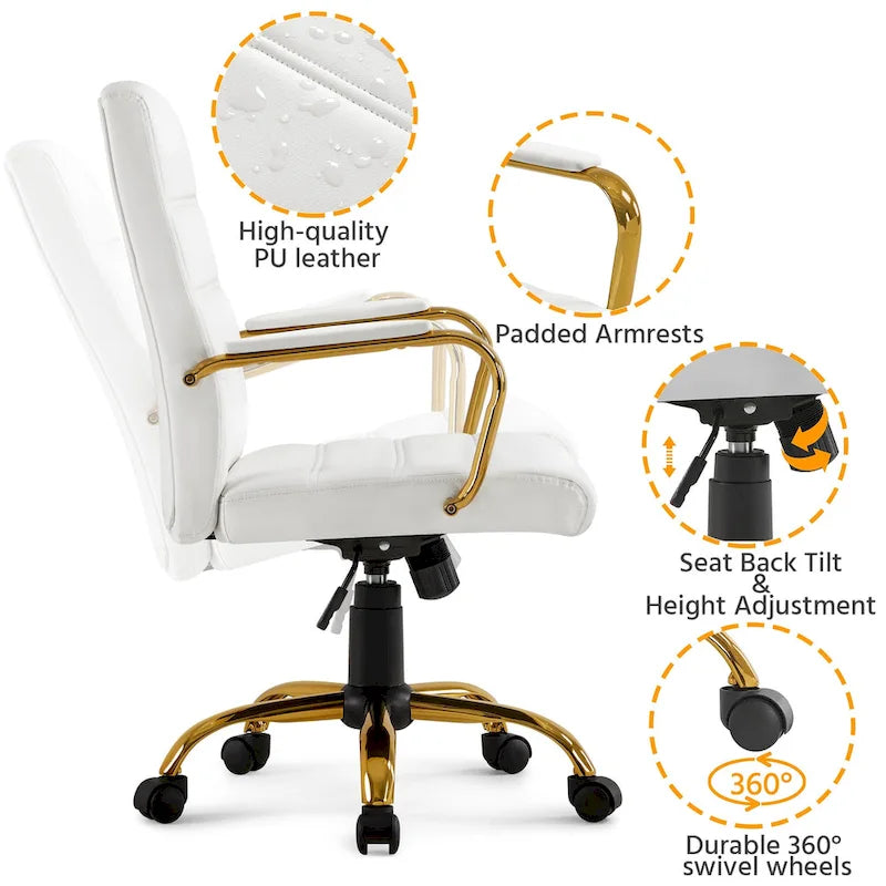 Chaise de bureau mi-hauteur en similicuir blanc avec structure chromée dorée et inclinaison verrouillable – Utilisateur unique