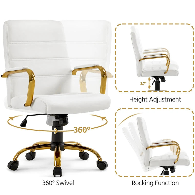 Chaise de bureau mi-hauteur en similicuir blanc avec structure chromée dorée et inclinaison verrouillable – Utilisateur unique