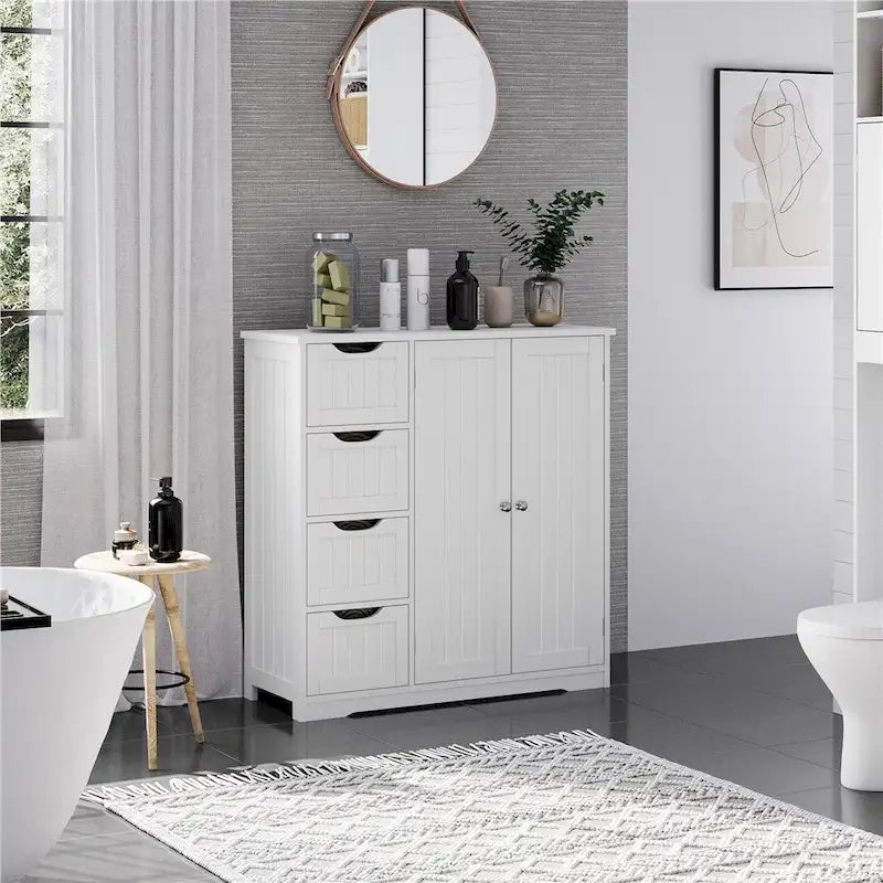 White Bathroom Storage Cabinet with 4 Drawers and Cupboard – Single Unit