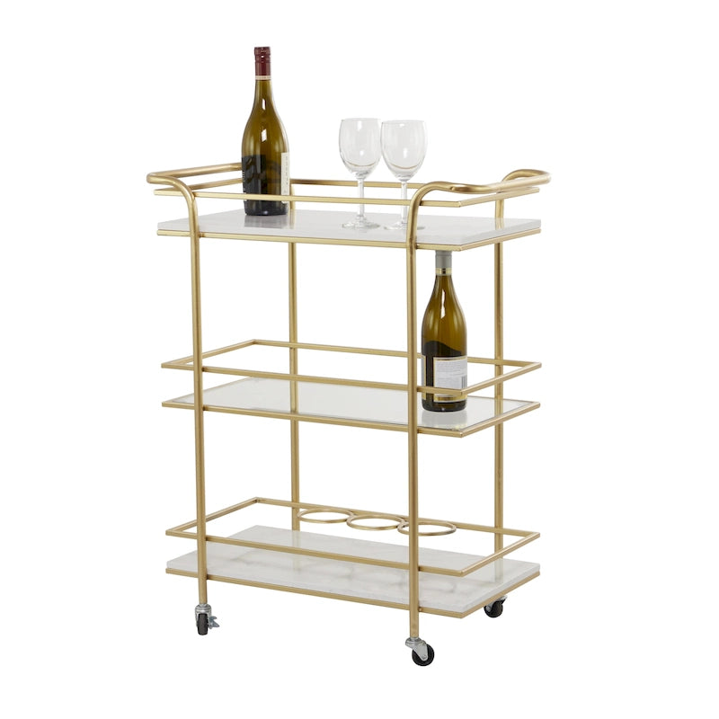Chariot de bar roulant à 3 niveaux doré avec étagères en marbre et verre – Unité unique