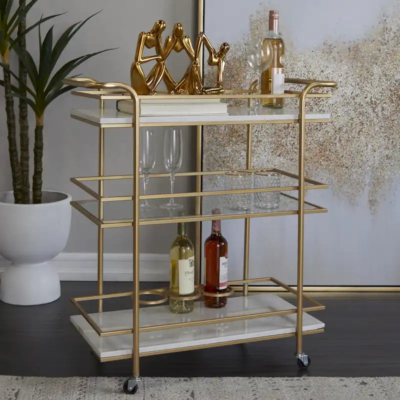 Chariot de bar roulant à 3 niveaux doré avec étagères en marbre et verre – Unité unique