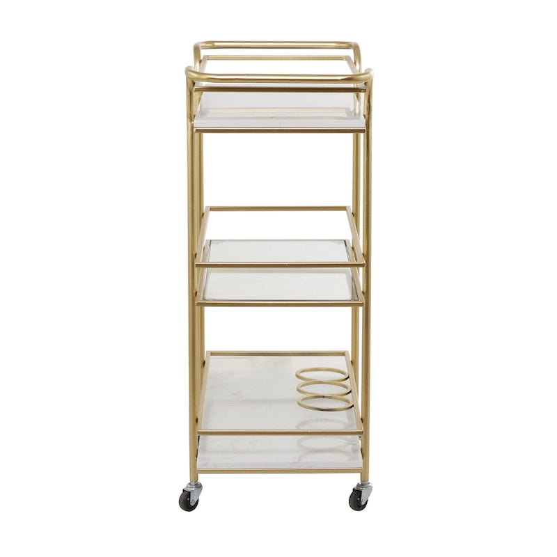 Chariot de bar roulant à 3 niveaux doré avec étagères en marbre et verre – Unité unique