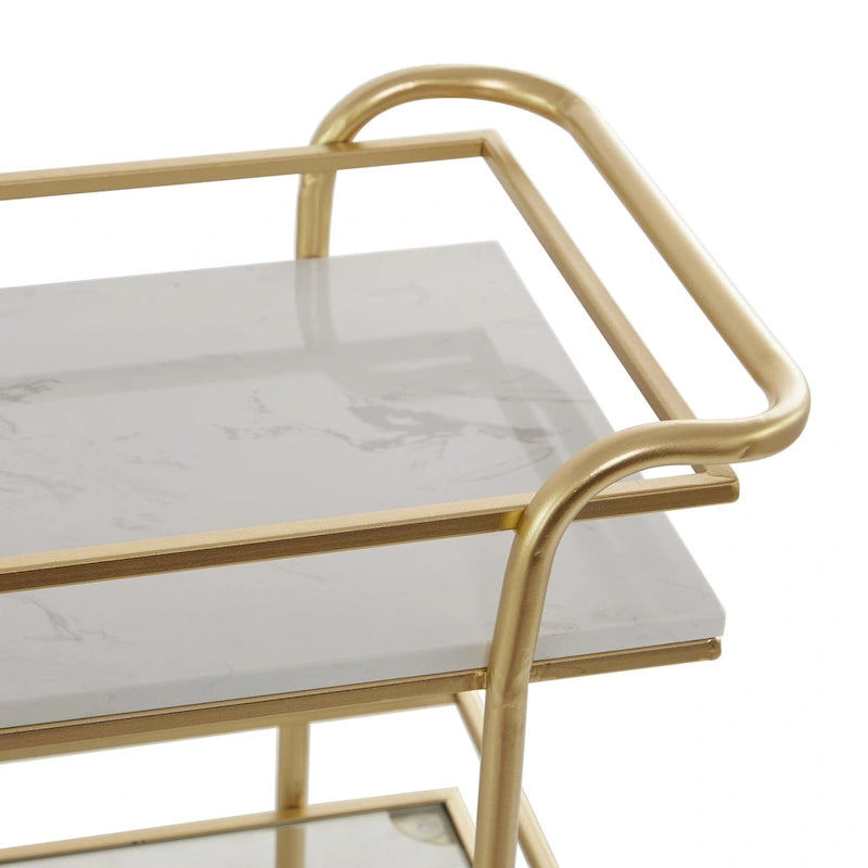 Chariot de bar roulant à 3 niveaux doré avec étagères en marbre et verre – Unité unique